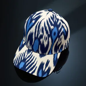 Detailed close-up view of a blue and white traditional ethnic style printed baseball cap.
