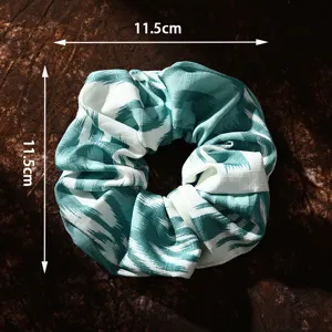Xinjiang ethnic style Atlas fabric hair scrunchie teal white pattern hair tie for women