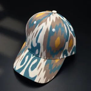 Detail shot of ethnic print baseball cap, showing unique ikat pattern, texture and curved brim.