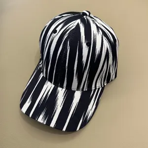 Black white ikat printed baseball cap detail view ethnic style hat breathable daily wear