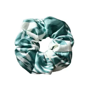 Green white ethnic print fabric hair scrunchie stylish elastic hair band for women girls daily use