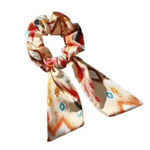 Ethnic style floral print ribbon scrunchie, stylish fabric hair tie for women and daily wear