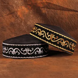 Men Ethnic Style Embroidered Hat Kazakh Style Black Polyester Round Cap Gold Silver Thread Traditional Cap
