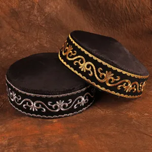 Kazakh style men embroidered skullcap velvet traditional ethnic hat black gold silver 2pcs