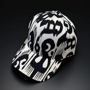 Chic black and white ikat print baseball cap, ethnic style sun hat for women daily wear.