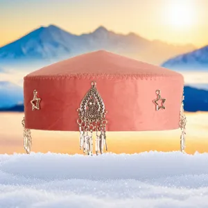Kazakh ethnic style velvet hat detail, vintage silver charms and star pendants design.