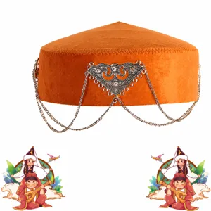 Kazakh Ethnic Style Women Princess Hat Handmade Velvet Retro Fashion Cap With Metal Chain Tassel Party Headwear