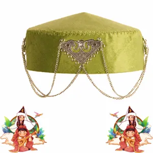 Kazakh ethnic princess hat green velvet cap with metal chain and retro style performance.