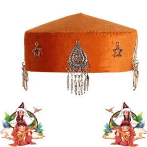 Traditional Kazakh ethnic princess hat with silver metal pendants and feather tassels