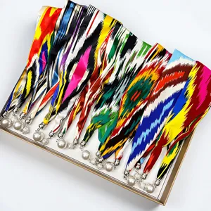 Women's Fashion Long Scarf Polyester Satin Scarf With Magnetic Pearl Necklace Buckle Ethnic Atlas Geometric Print Gift