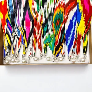 Colorful Xinjiang style silk scarf with magnetic pearl necklace buckle gift box detail view