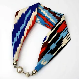 Silk scarf with pearl magnetic clasp, ethnic patterned narrow twilly necklace for women.