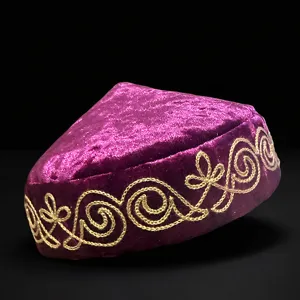Kazakh style purple velvet embroidered hat with gold details for ethnic minority fashion.
