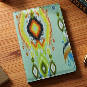 Xinjiang ethnic ikat style fabric notebook cover close-up detail display item.