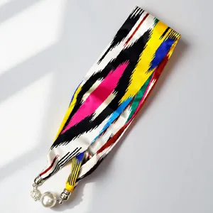 Xinjiang ethnic style printed silk ribbon scarf with magnetic pearl buckle for women and girls.