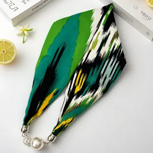 Xinjiang art style silk long scarf ribbon with elegant pearl magnetic clasp accessory.