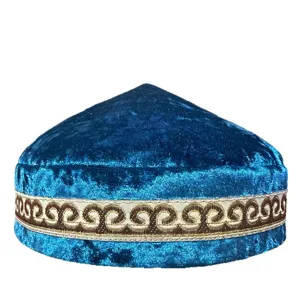 Kazakh traditional embroidered hat blue velvet ethnic cap central asian style skullcap