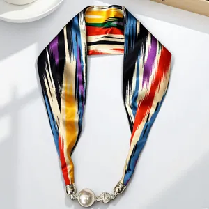 Chic colorful striped silk skinny scarf with a magnetic pearl pendant for women fashion.