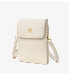 Vue détaillée du petit sac bandoulière blanc uni en cuir PU pour téléphone avec joli fermoir.