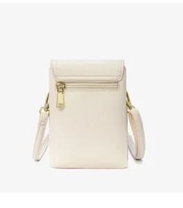 Détail du mini sac bandoulière en cuir PU pour téléphone avec fermetures éclair dorées.