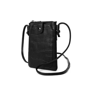 Minimalist black crocodile pattern mini crossbody phone bag, trendy compact shoulder bag.