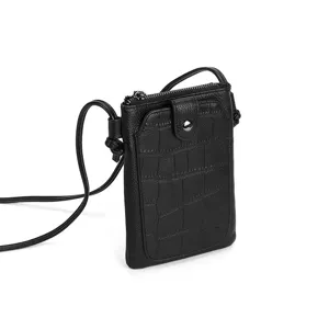 Black crocodile pattern PU leather crossbody phone bag with adjustable thin strap main view
