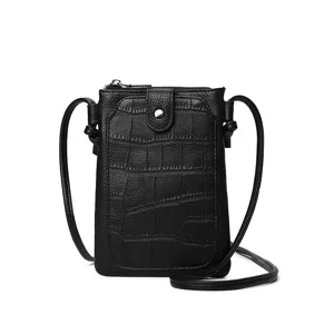 Black crocodile pattern mini crossbody phone bag stylish PU leather shoulder purse