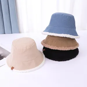 Corduroy bucket hat for women winter warm lamb wool basin hat casual plush cap