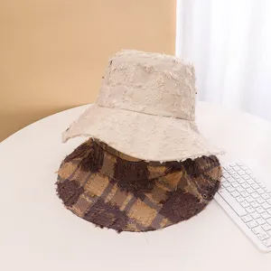 Frayed edge bucket hat for men and women, wide brim summer sun protection outdoor cap.