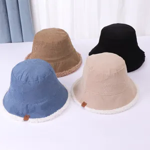Winter corduroy bucket hat for women, thick warm lamb wool trim casual basin cap, 4 colors.