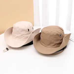 Detail shot of quick-dry sun hat with breathable eyelets and wide brim for outdoor use.