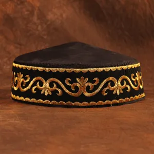 Kazakh ethnic embroidered cap for men, black fabric with golden traditional details.