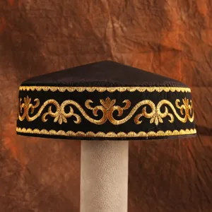 Traditional Kazakh style men embroidered hat black gold ethnic round cap traditional craft