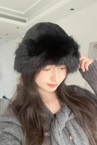 Black faux fur bucket hat, fluffy winter warm fisherman hat for women fashion styling daily wear.