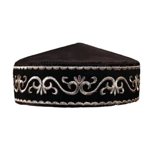 Traditional Kazakh ethnic style men black embroidered hat traditional floral cap main view