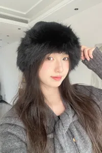 Fuzzy black bucket hat for women winter warm plush hat stylish streetwear fluffy cap detail view