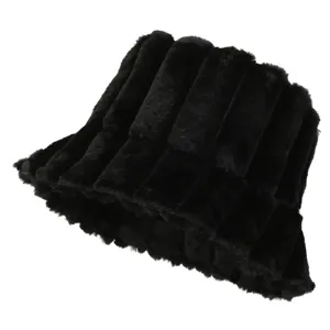 Black plush bucket hat for women, thick winter warm furry hat with vertical stripe design.