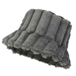 Grey plush bucket hat for women, thick winter warm furry basin hat, soft fluffy Japanese style.