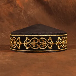 Kazakh style embroidered black hat ethnic traditional men performance cap gold thread embroidery