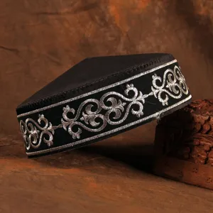 Kazakh style ethnic embroidered cap for men traditional black skullcap detailed view