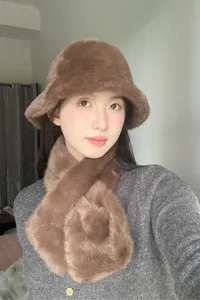 Women winter thick warm brown plush bucket hat and soft fuzzy scarf set cozy fashion accessory