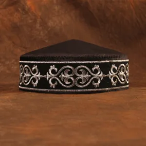 Kazakh style embroidered traditional ethnic cap black silver skullcap close up detail view