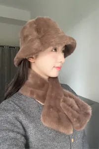 Brown plush bucket hat and scarf set detail, thickened warm winter furry hat for women.