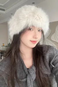 Fluffy white faux fur bucket hat for women winter warmth stylish cozy fuzzy cap daily wear accessory