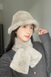 Women winter thick warm plush bucket hat with matching soft scarf set for daily cold weather wear