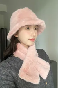 Pink plush bucket hat and matching scarf set, cozy winter warm fuzzy faux fur headwear.