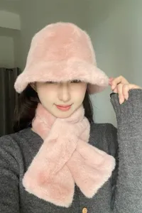 Pink plush bucket hat and matching furry scarf set, soft winter warm headwear and neck warmer.