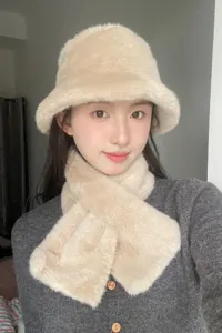 Winter warm beige plush bucket hat and soft matching scarf closeup detail shot for daily wear.