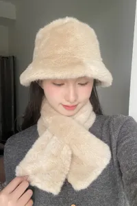 Detailed close-up of cozy winter plush bucket hat and matching warm scarf set for daily wear.