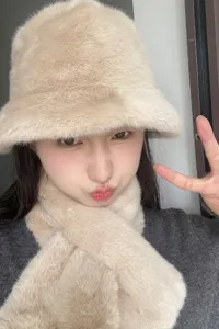 Plush bucket hat and winter warm scarf set in beige, soft furry hat with matching scarf for women.
